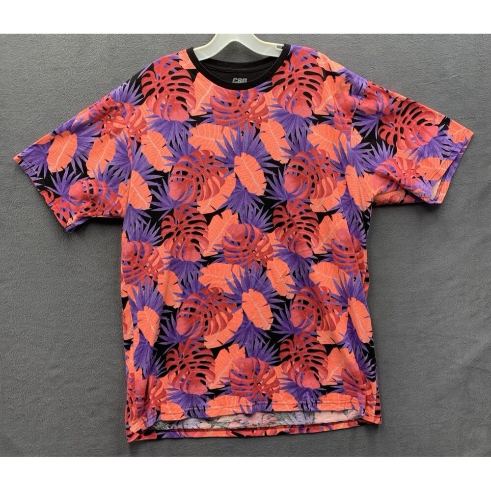 CSG Graphic Tee T-Shirt Men Multi Color All Over Print Leaves Crew Neck Size XXL